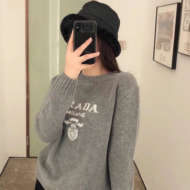 秋冬新款圓領純山羊絨字母刺繡毛衣女寬鬆加厚慵懶風套頭針織打底