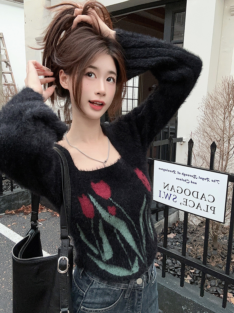 原創~實拍~黑色甜酷風喇叭袖小眾仿貂毛提花針織衫毛衣