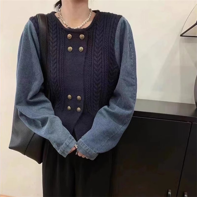 設計感秋裝新款牛仔袖拼接毛衣外套修身顯瘦洋氣短款針織開衫