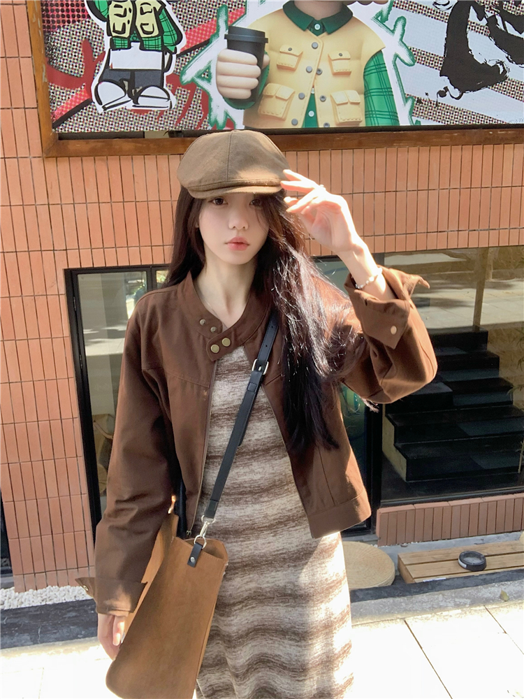 實拍~復古短款機車工裝夾克外套+無袖條紋長款內搭連衣裙女