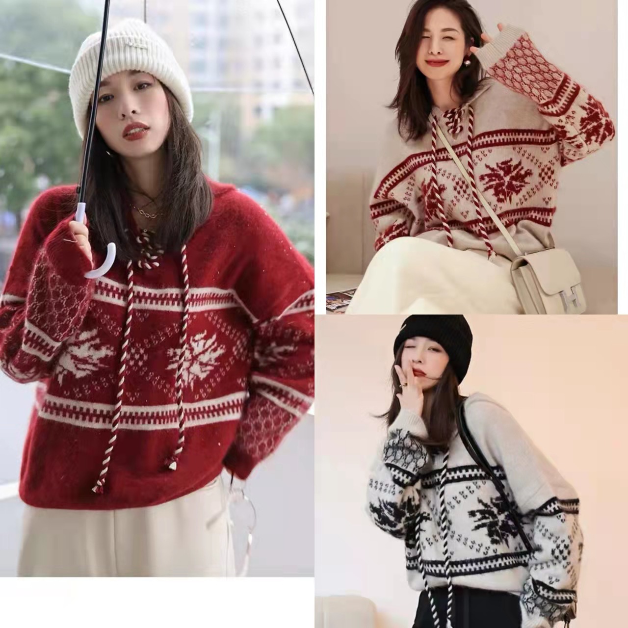 聖誕新年紅色毛衣女秋冬2023新款高級感慵懶風加厚連帽針織衫