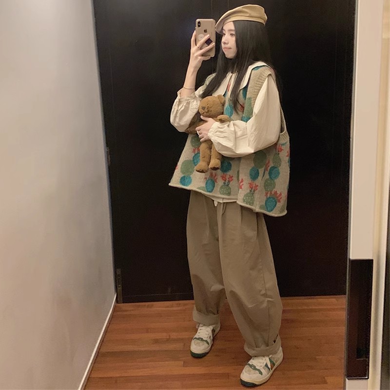 新款套裝女2023春秋減齡馬甲娃娃領寬鬆襯衫外搭上衣韓系背心馬夾