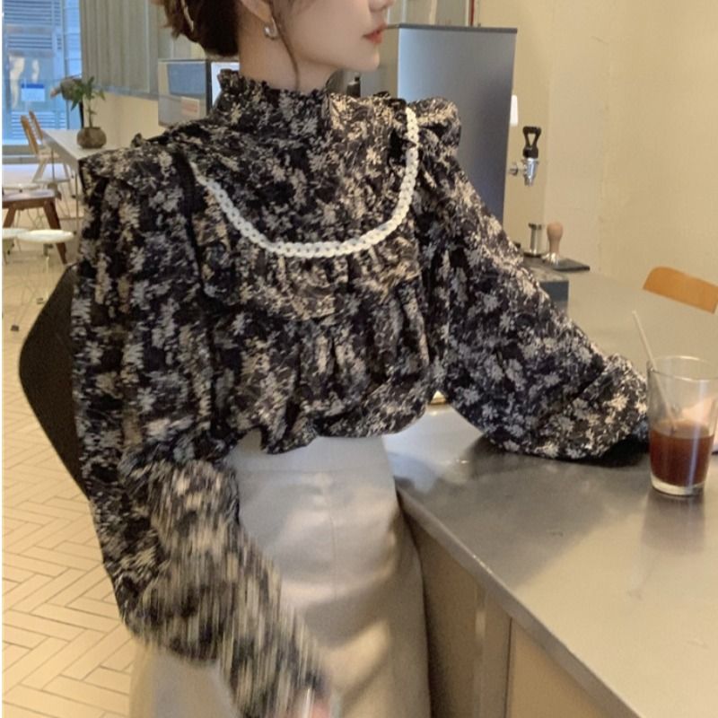 法式復古碎花襯衫女春秋設計感小眾立領木耳邊拼接襯衣別致上衣潮