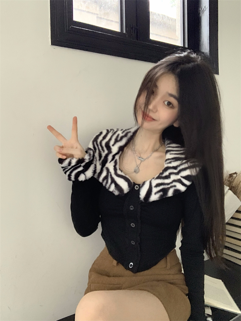 實拍  神明少女兔毛領短款針織開衫修身顯瘦純欲上衣秋冬
