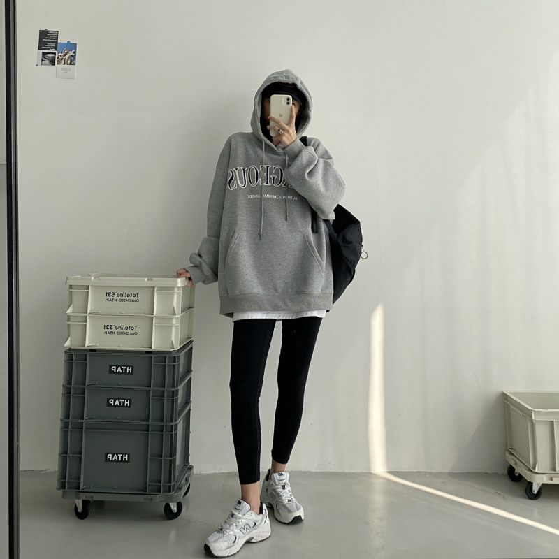 sun柚 美式懷舊字母印花連帽衛衣女秋冬季韓版新款寬鬆中長款外套