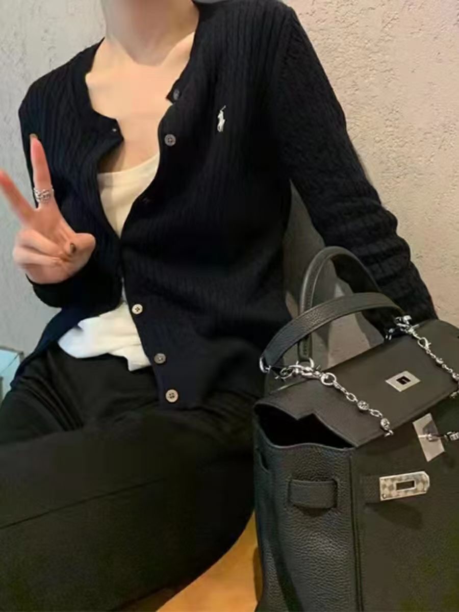 趙露思同款穿搭小馬標老錢風針織衫開衫女短上衣麻花毛衣外套秋款