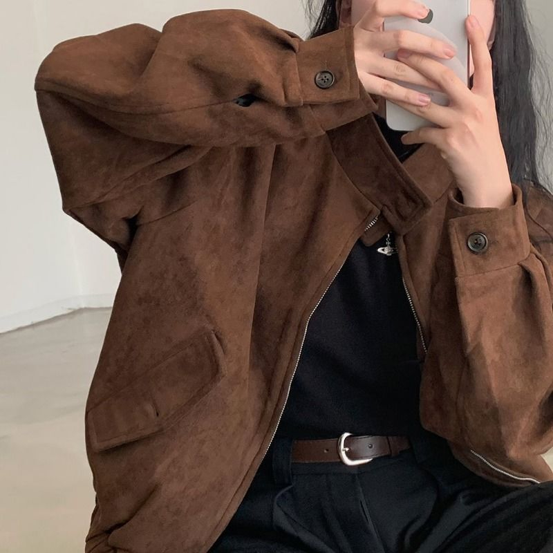 Korean ins autumn and winter niche retro warm double zipper jacket for women 2023 new loose jacket