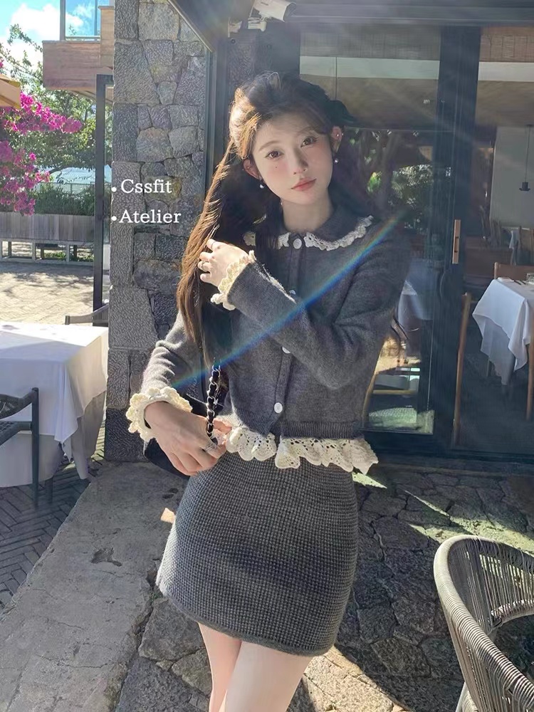 遲傘傘23/fw sst系少女感 可拆卸重工手工鈎花羊毛針織衫短裙套裝
