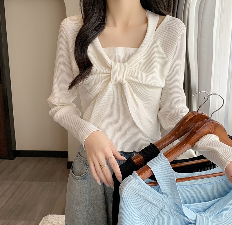 實拍2023女秋款高級時尚法式性感露肩低領蝴蝶結修身顯瘦針織
