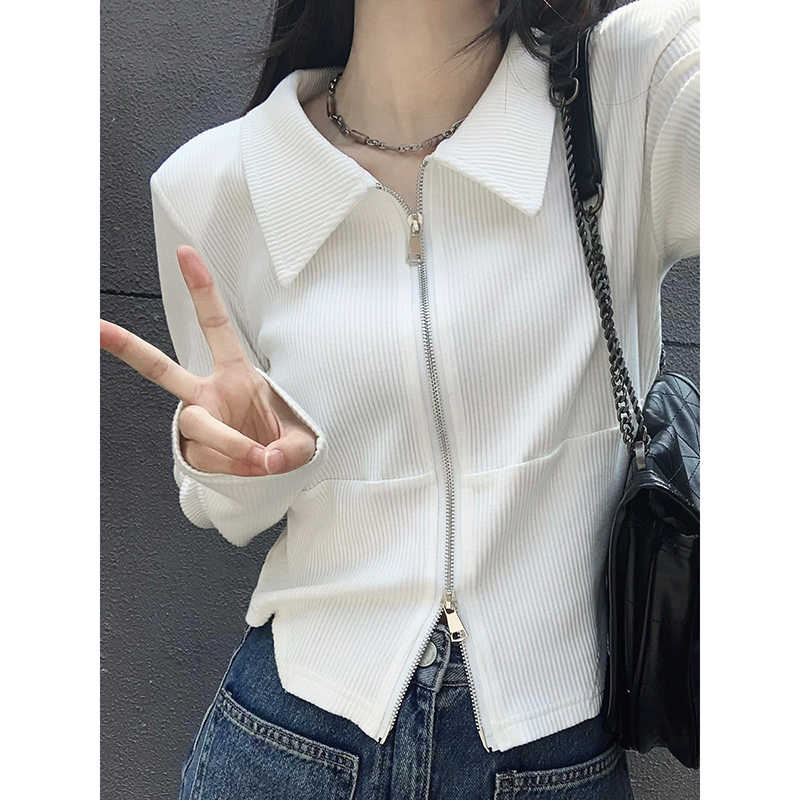 今年流行的漂亮小衫Polo領短款長袖T恤女秋季高腰修身上衣