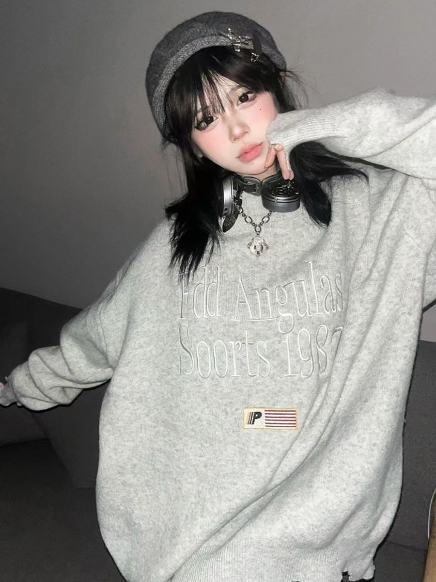 秋冬慵懶風毛衣女美式字母圖案印花破洞針織外套寬鬆設計感上衣