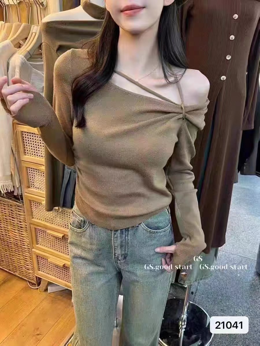 秋季新款韓版小心機方領掛脖綁帶露骨純色顯瘦長袖上衣女