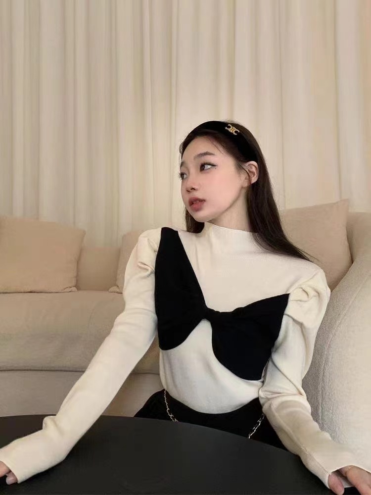 撞色打底衫設計感小眾拼接不規則蝴蝶結針織衫修身半高領毛衣上衣
