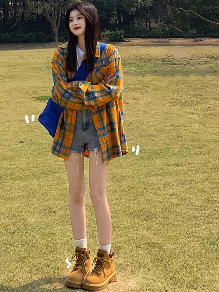 法式黃色格子襯衫襯衣外套女春秋季2023年新款寬鬆小個子長袖上衣