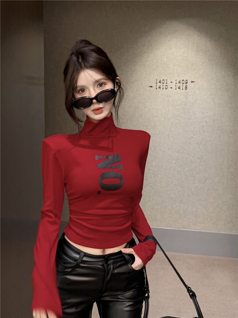實拍~秋冬新款辣妹美拉德字母印花T恤女修身高領長袖打底衫
