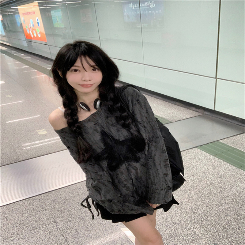 秋季灰色圓領長袖T恤女慵懶寬鬆破洞星星薄款T恤女