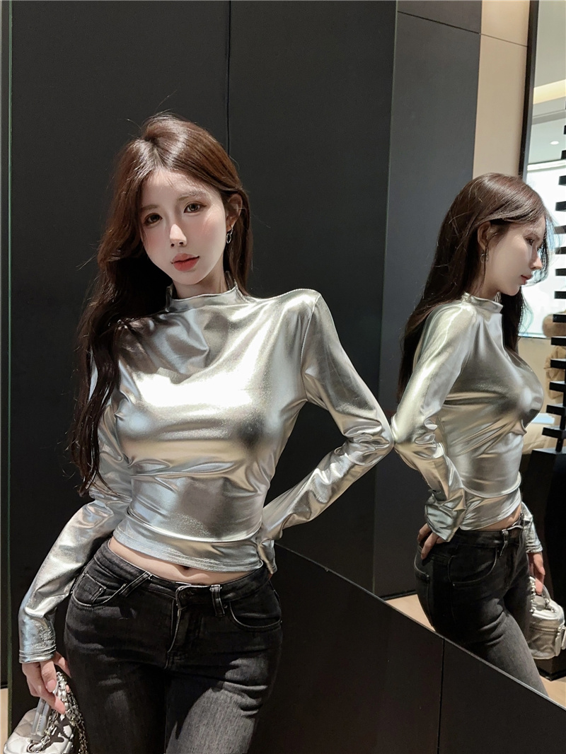 實拍~2023秋冬新款上衣時尚亮面半領領長袖套頭修身顯瘦T恤女