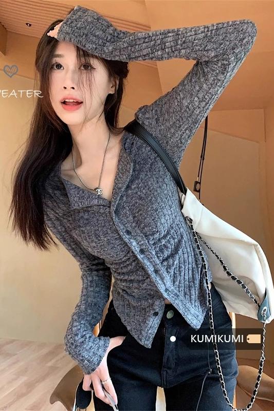 天貓質量純欲風翻領長袖針織開衫女早秋新款修身顯瘦氣質上衣