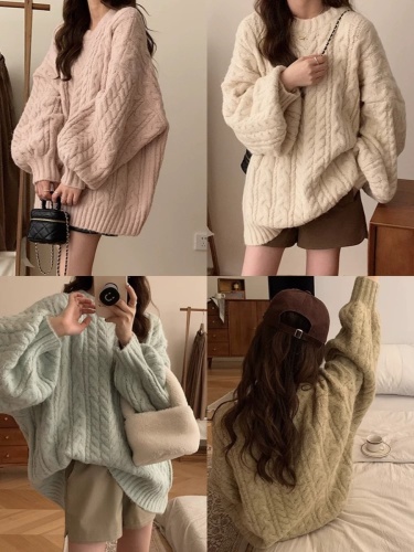 Soft waxy knitted round neck pullover top for women lazy style 2023 new Korean style loose sweater jacket large size autumn and winter
