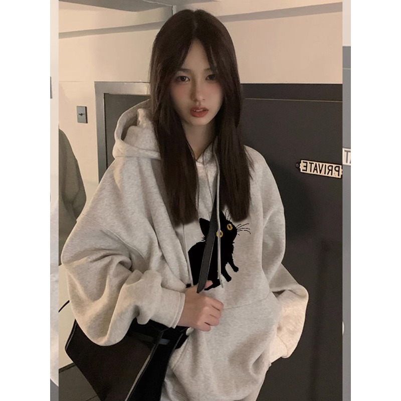 山東即墨美式花灰色連帽加絨衛衣女春秋2023新款重磅慵懶上衣