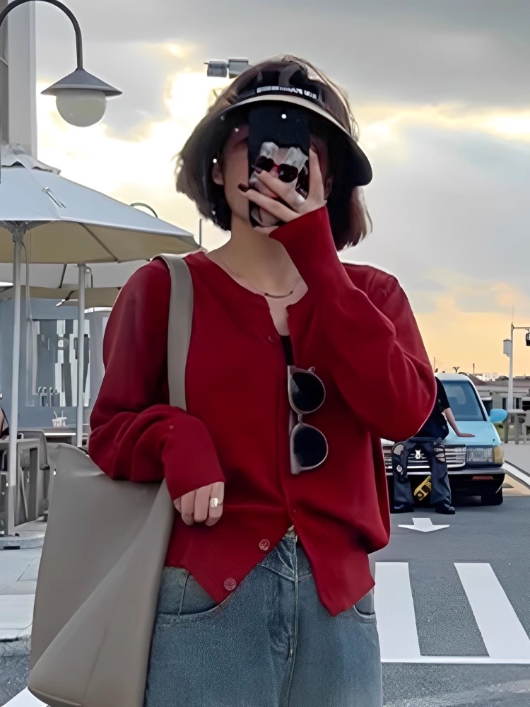 早秋長袖針織衫秋裝女2023年新款針織開衫外套女薄款紅色短款上衣