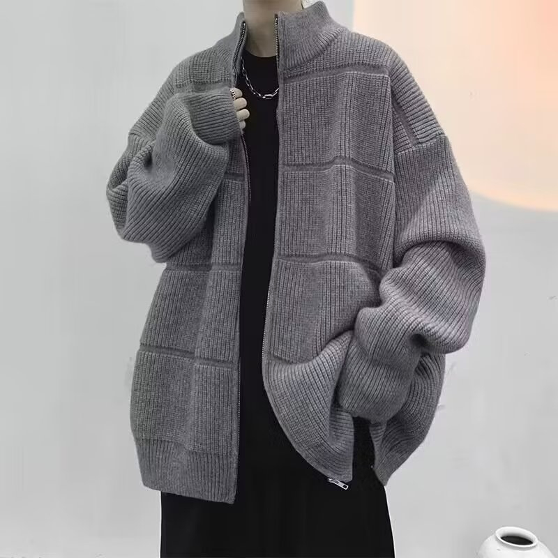 日系拉鏈針織開衫外套男bf秋冬純色立領毛衣寬鬆保暖簡約情侶線衣