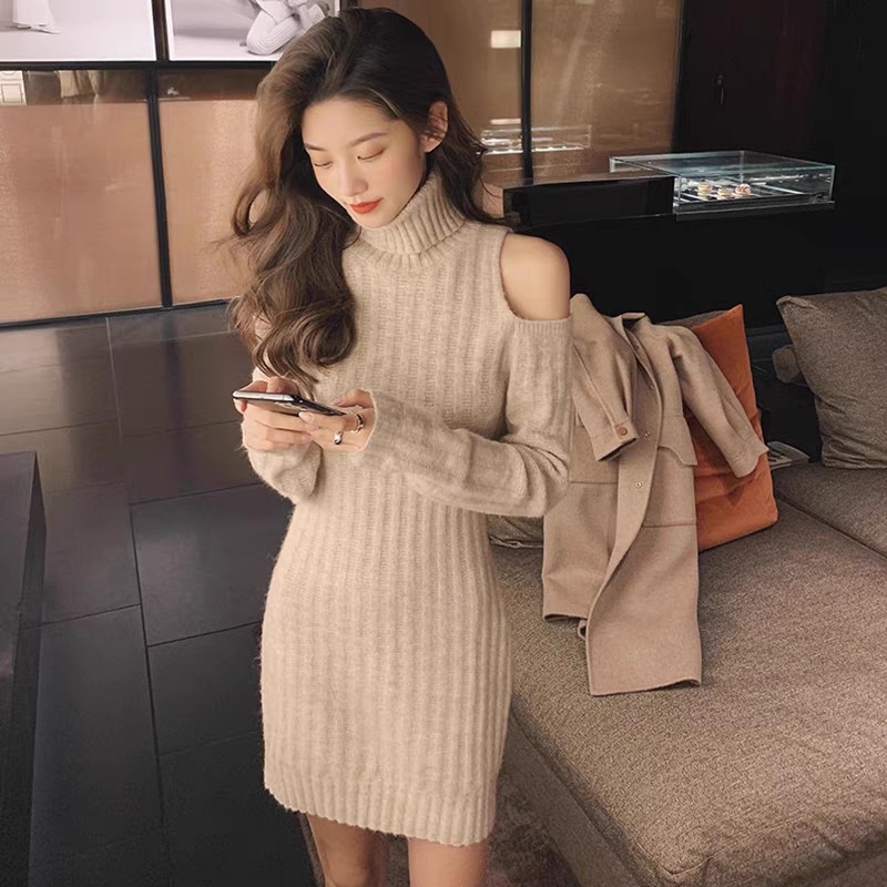 露肩毛衣女秋冬內搭修身顯瘦小個子長袖包臀裙高領打底針織連衣裙