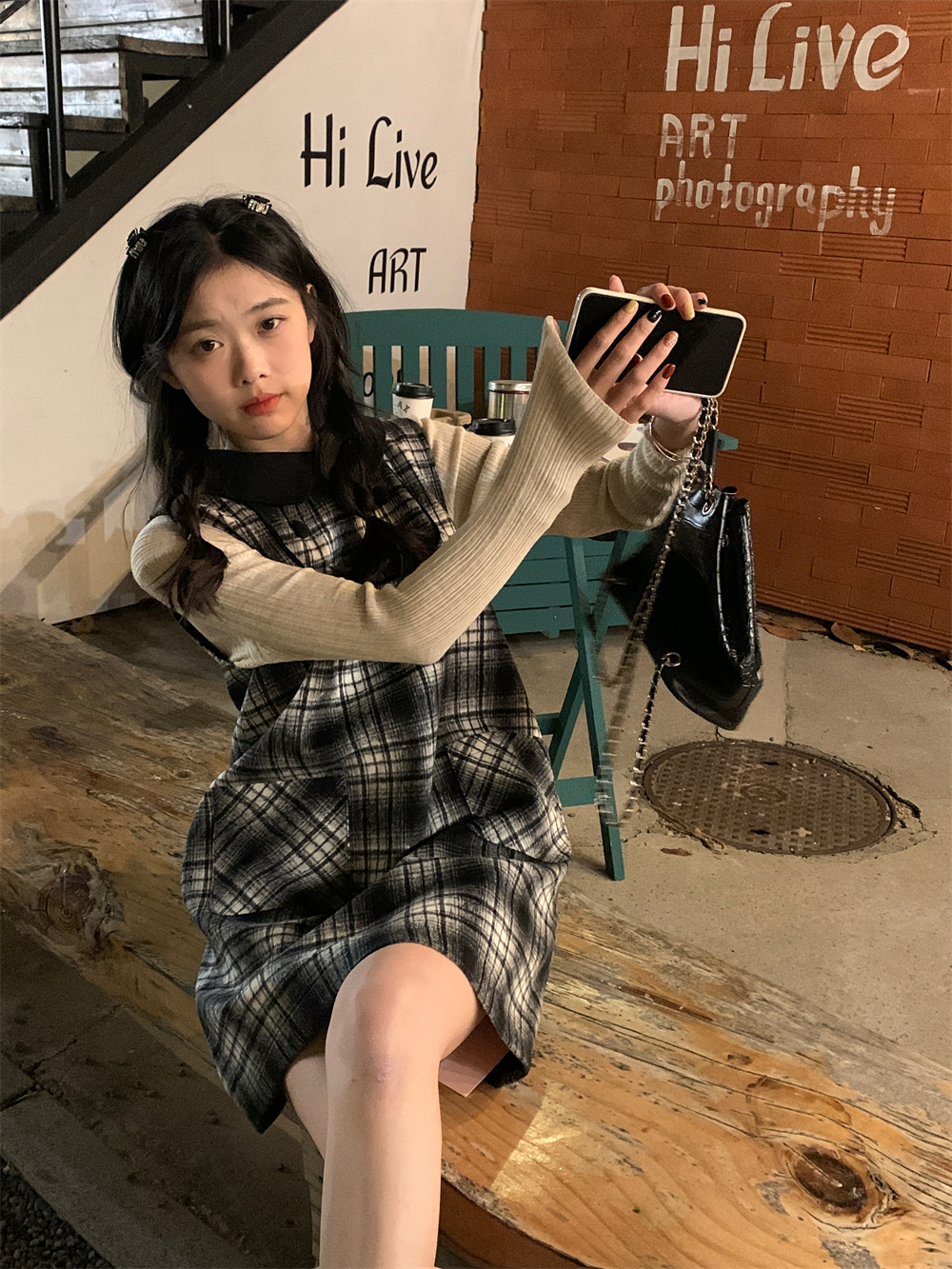 實拍黑白格紋毛呢背心裙疊穿打底內搭無袖連衣裙+杏色軟糯打底衫