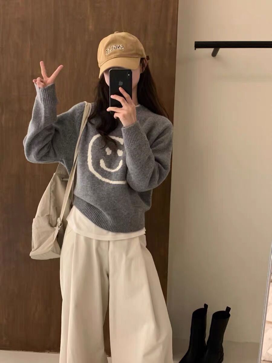 2023韓版白色毛衣女寬鬆內搭厚早秋冬笑臉慵懶風日系上衣設計感