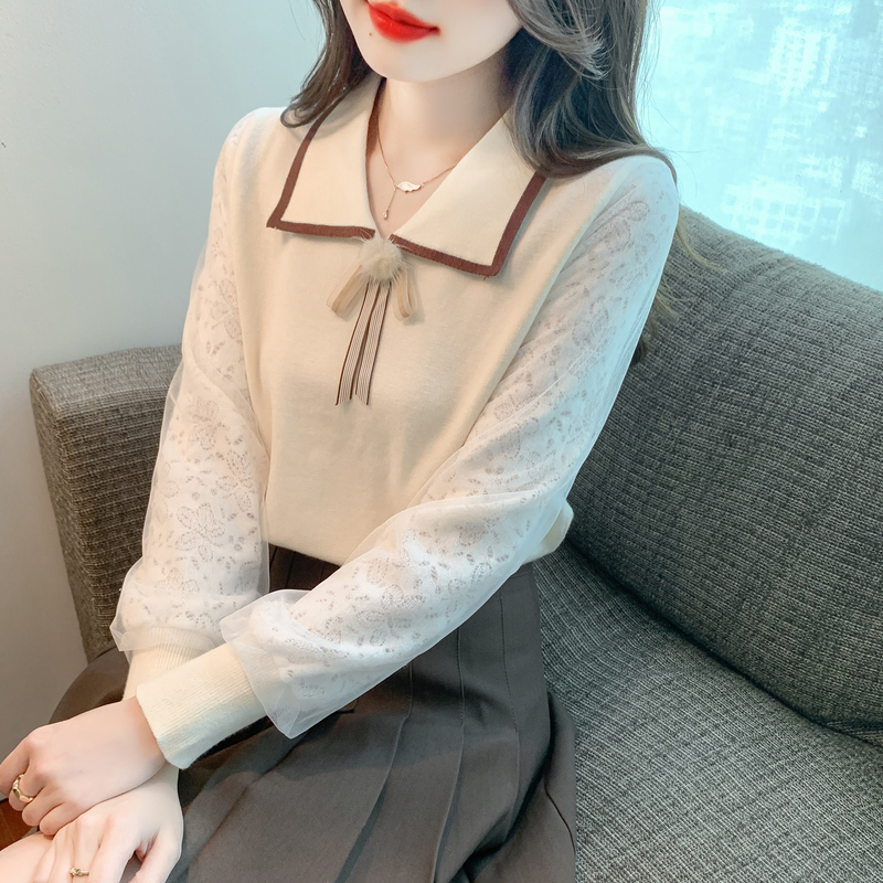 實拍2023法式娃娃領針織衫女秋冬季新款高級感毛衣打底長袖上衣女