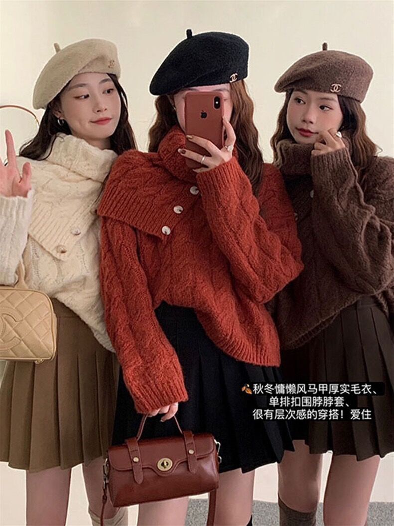 韓系慵懶風麻花編織設計感針織毛衣+單排扣圍脖披肩毛衣配圍脖