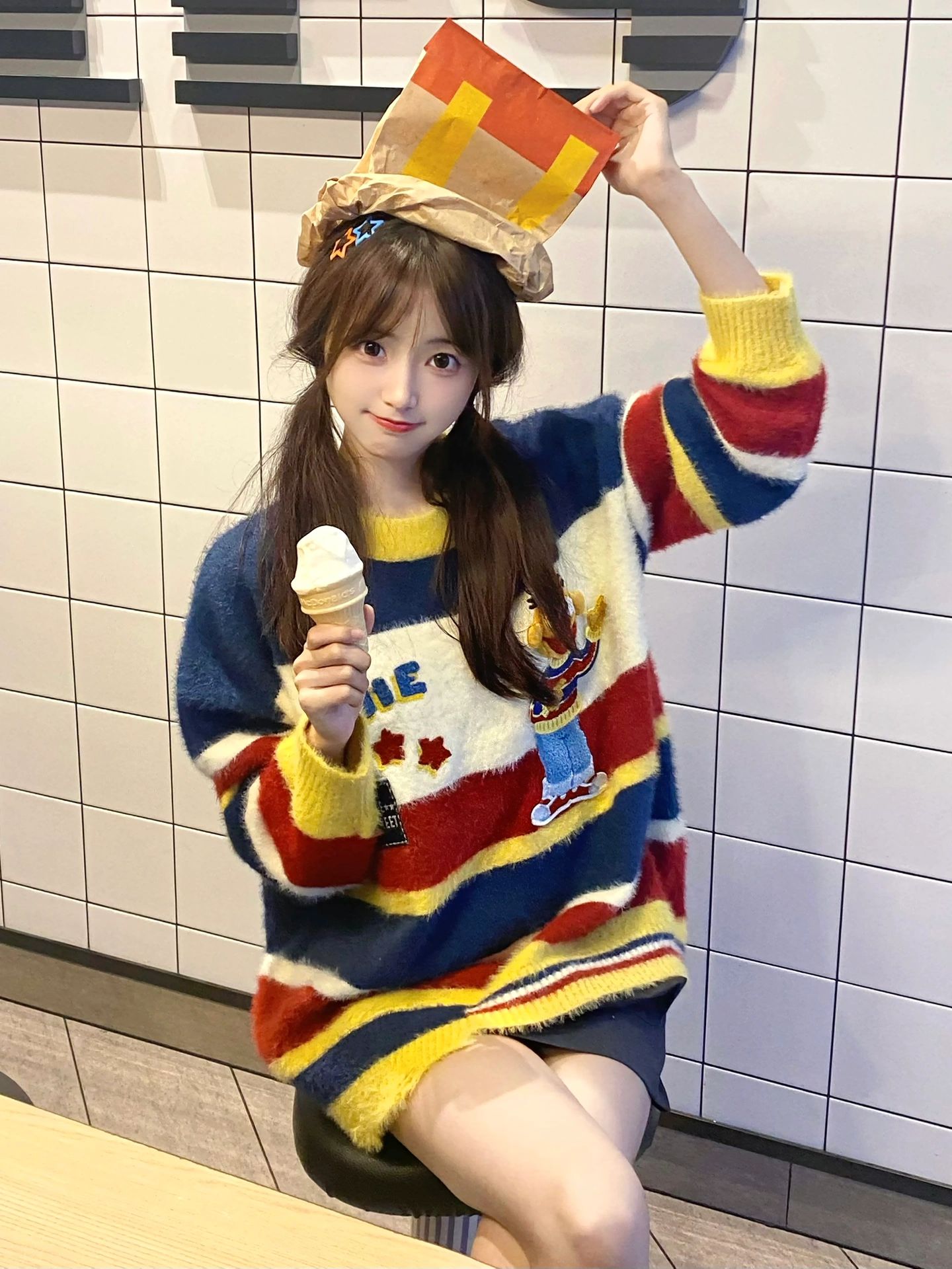 卡通條紋毛衣女秋冬2023新款寬鬆外穿軟糯溫柔風甜美可愛保暖上衣
