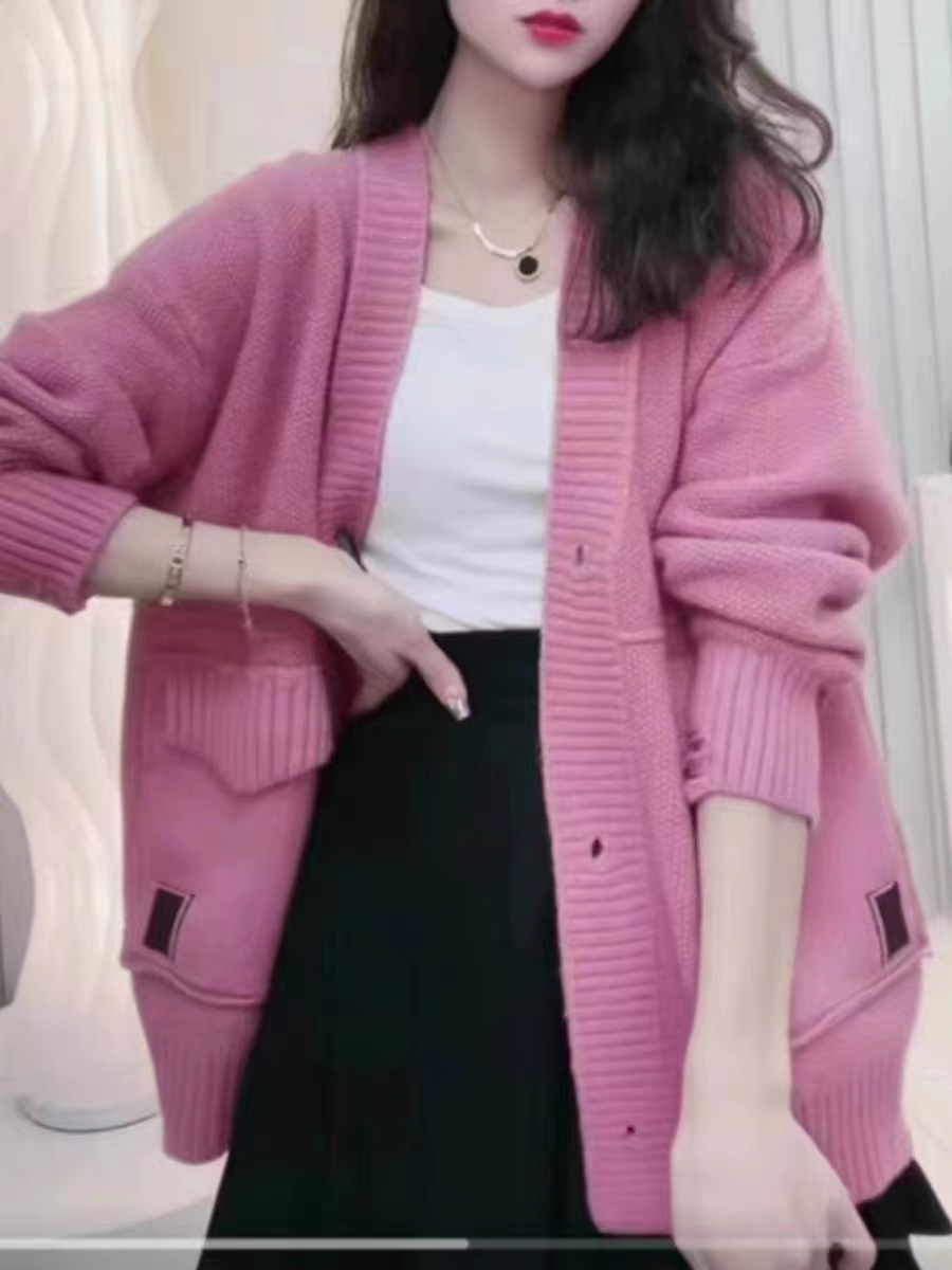 韓版時尚休閒外搭口袋毛衣外套女新款慵懶寬鬆顯瘦遮肉百搭針織衫