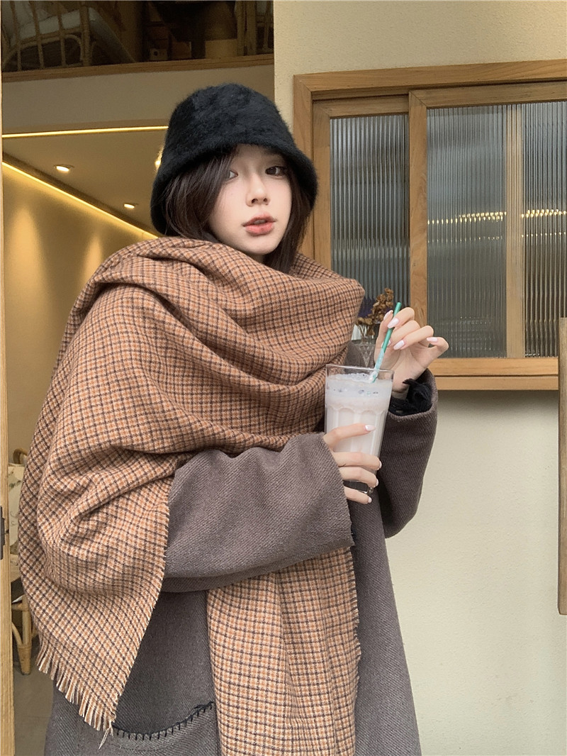 實拍價 小格子雙面圍巾女韓版百搭披肩ins潮加厚保暖圍脖