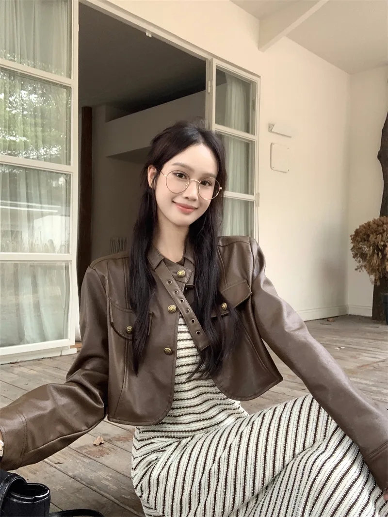 加內襯美拉德短款辣妹PU棕色皮衣外套女秋季寬鬆顯瘦夾克上衣
