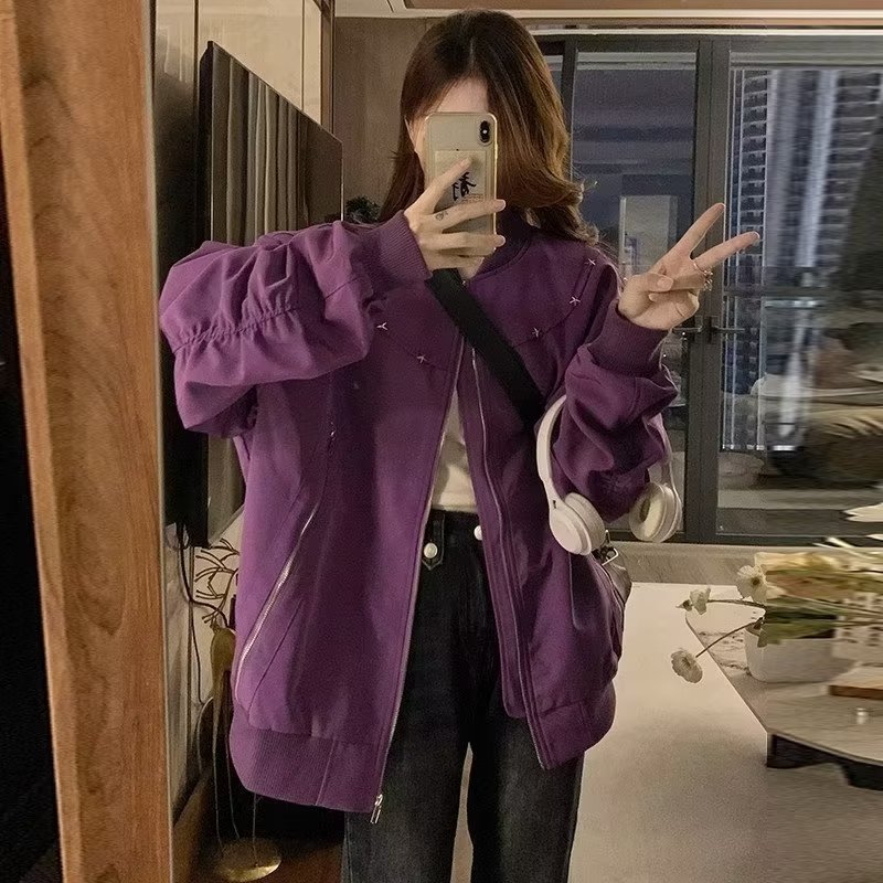 美式街頭紫色飛行員夾克外套男女春秋款設計感小眾寬鬆休閒棒球服