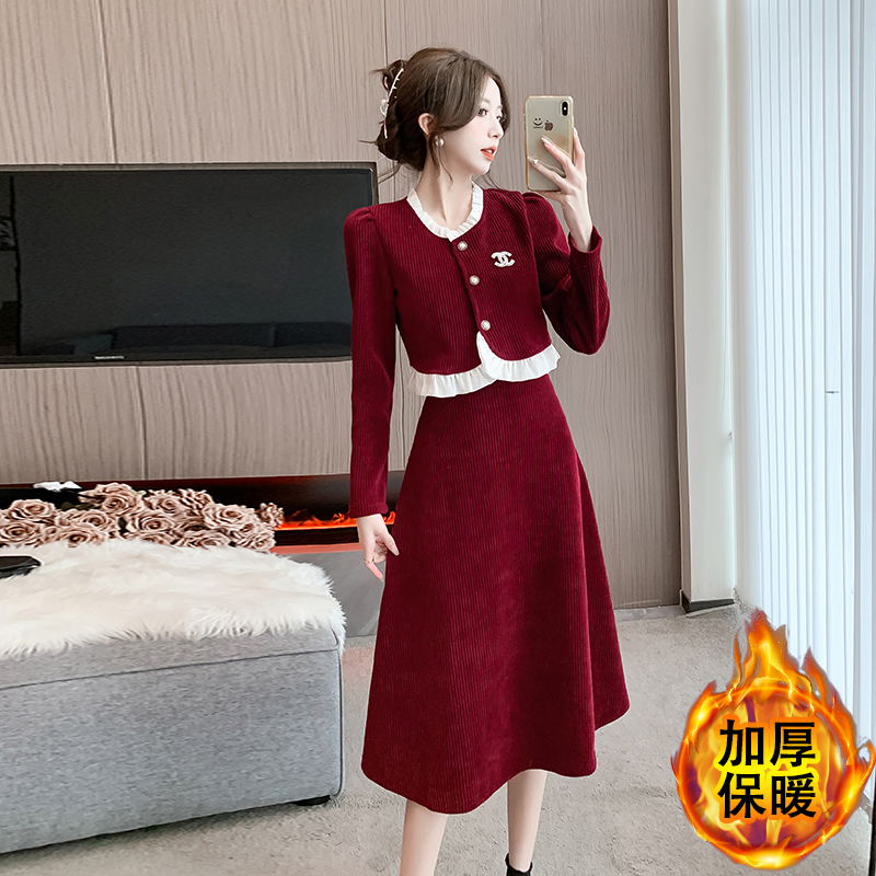 實拍  2023新款冬季加厚燈芯絨套裝裙女外穿上衣半身裙兩件套