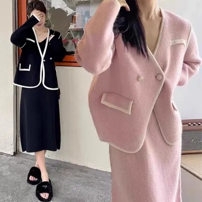 孕婦連衣裙秋裝套裝時尚洋氣時髦小香風外套秋冬款針織毛衣兩件套