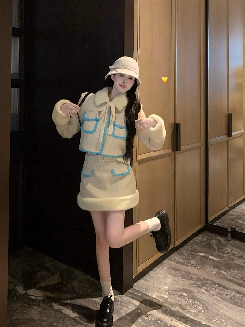 實拍~小香風撞色拼接秋冬氣質毛領外套包臀半身裙名媛兩件套