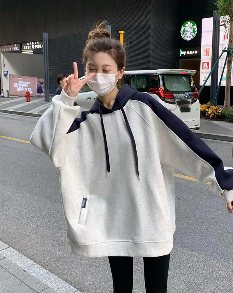 美式復古撞色長袖連帽衛衣女秋季新款寬鬆加絨設計感寬鬆外套潮