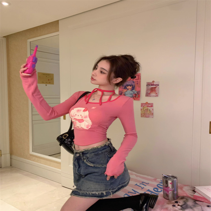 甜辣妹純欲風印花上衣女早秋內搭長袖掛脖設計感可愛顯瘦性感T恤