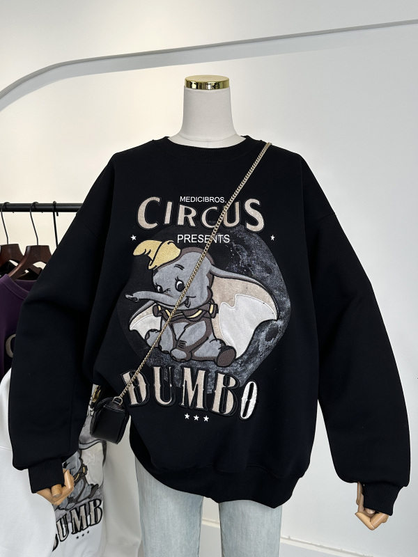 韓國時尚卡通刺繡寬鬆大碼圓領套頭衫加絨加厚衛衣女秋冬2023新款