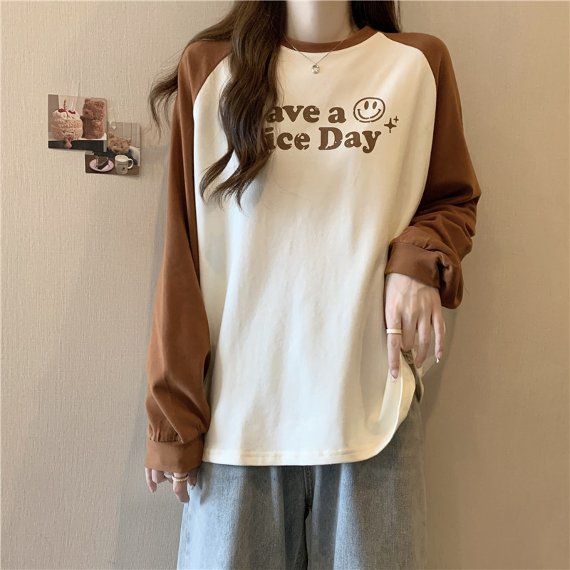 實拍純棉後包領插色長袖t恤女秋新款圓領上衣