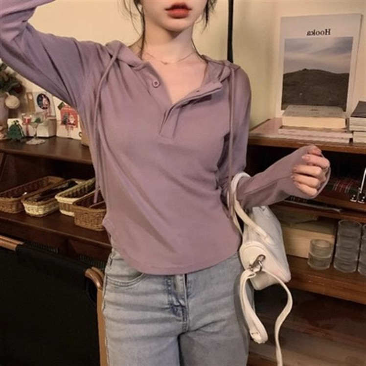 不規則連帽長袖t恤女秋冬內搭修身顯瘦短款打底衫小眾別致上衣