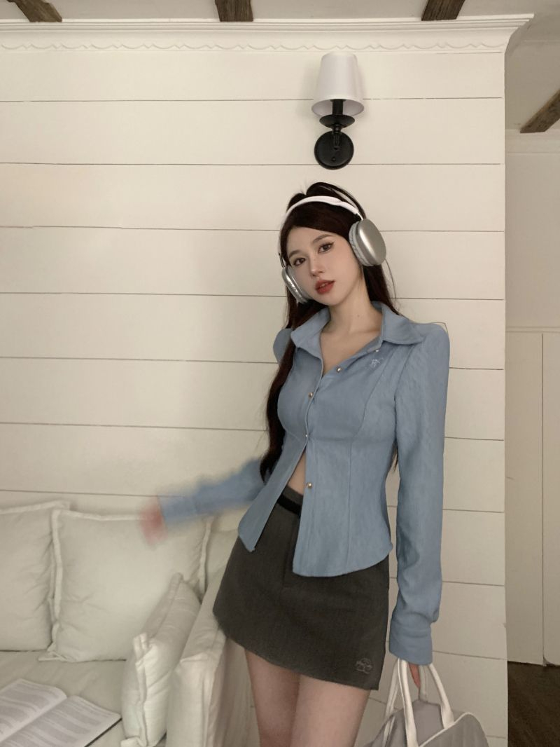藍色翻領長袖襯衫女秋季2023新款韓版收腰修身顯瘦襯衣小個子上衣