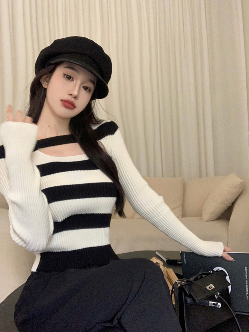 實拍 方領條紋針織衫女冬季新款修身顯瘦內搭打底衫短款上衣