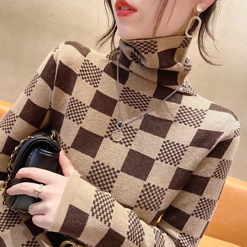 高領針織衫女長袖秋冬季洋氣新款修身棋盤格子毛衣內搭羊絨衫