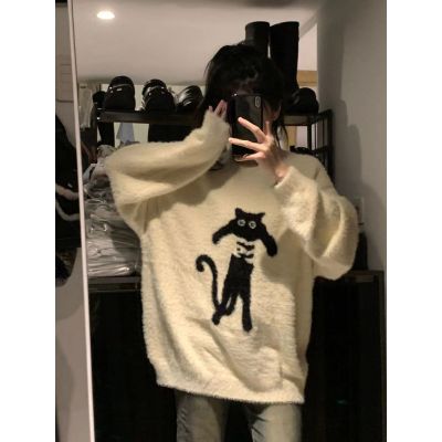 甜酷軟糯慵懶風圓領毛衣女學生秋冬季寬鬆百搭卡通貓咪提花針織衫