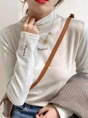 Slim-fitting mid-collar half turtleneck bottoming shirt for women with velvet in early spring, autumn and winter with long-sleeved T-shirt top