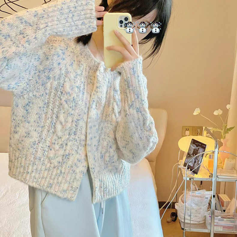 復古彩色麻花毛衣開衫女秋冬韓版溫柔風甜美氣質小個子短款針織衫